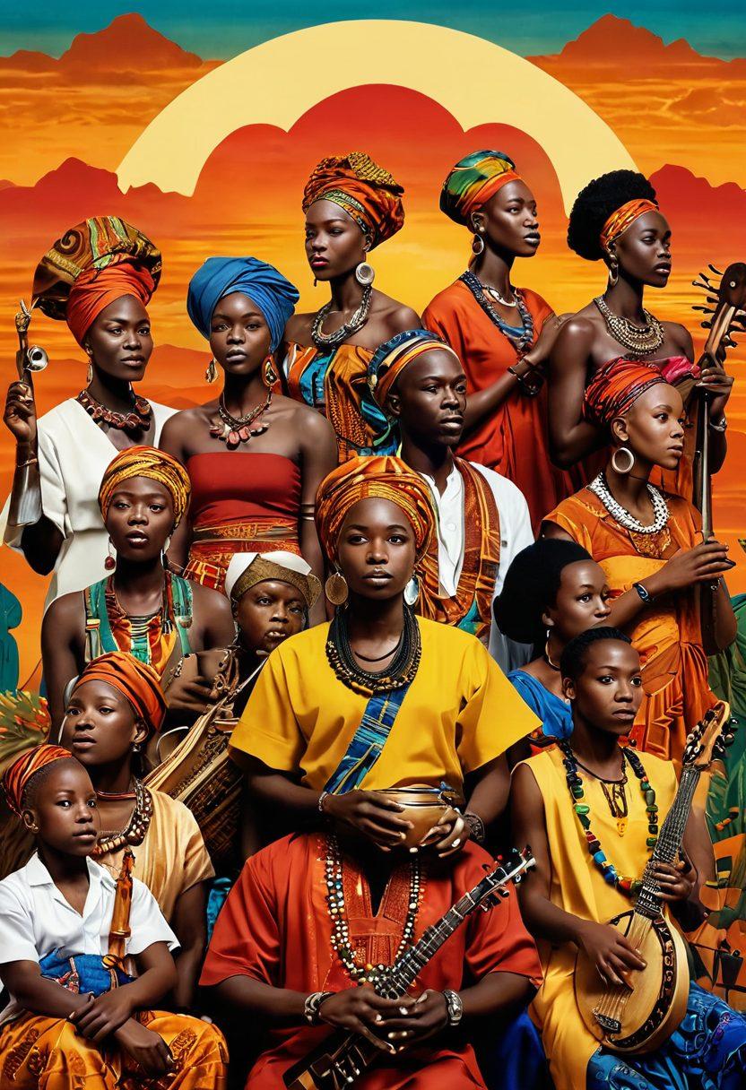 An evocative collage of diverse African individuals sharing their stories, set against a backdrop of vibrant landscapes and cultural symbols from various African nations. Include elements like traditional attire, musical instruments, and urban scenes to represent the blend of modernity and heritage. Warm, rich colors that evoke a sense of community and connection. super-realistic. vibrant colors.